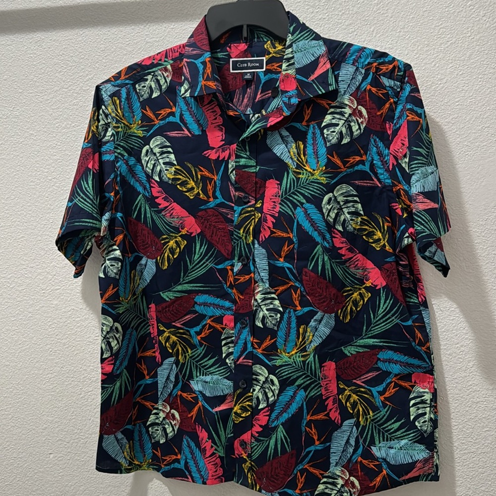 CLUB ROOM Brand New Men’s Hawaiian Shirt 100%Cotton Navy Red Green Leaf size M